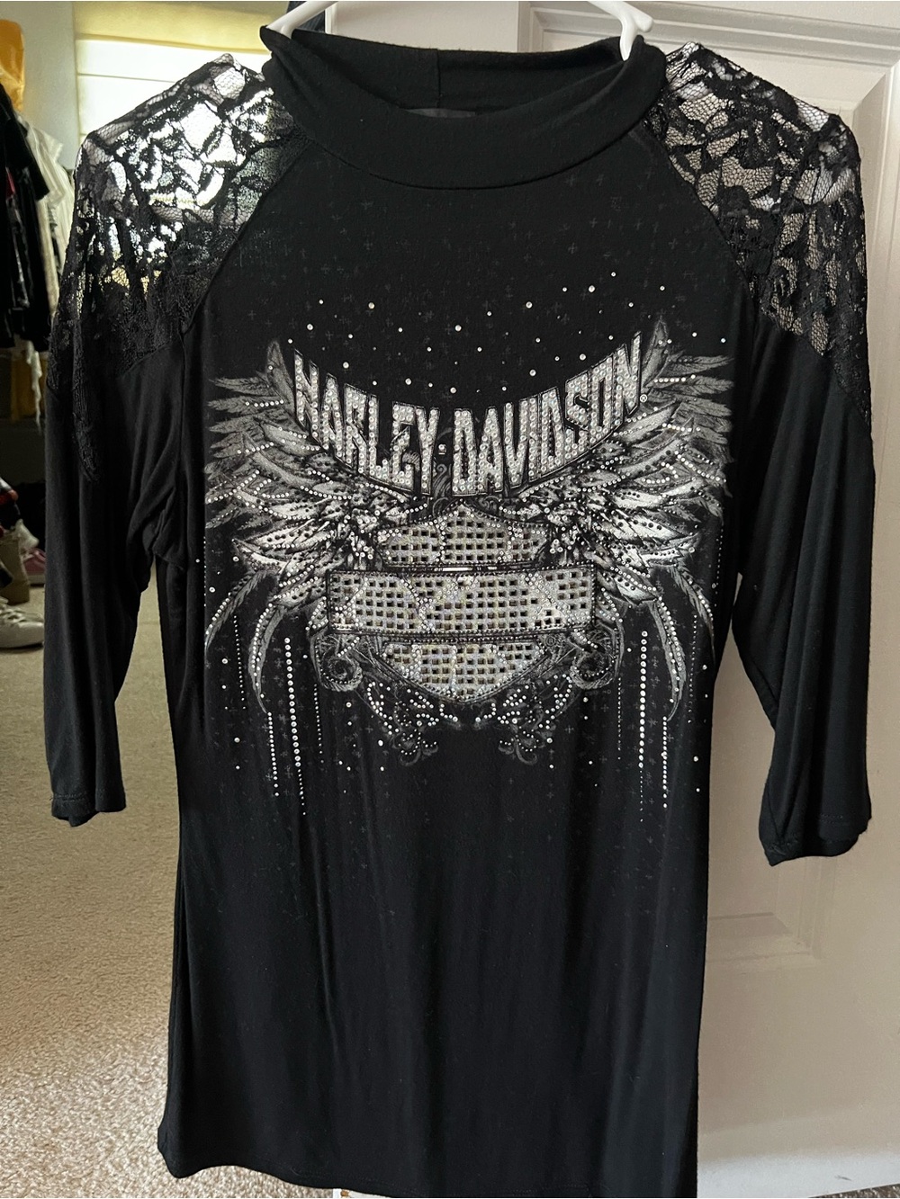 Harley-Davidson Black Long Sleeve Lace-Shoulder Rhinestone Graphic Tee